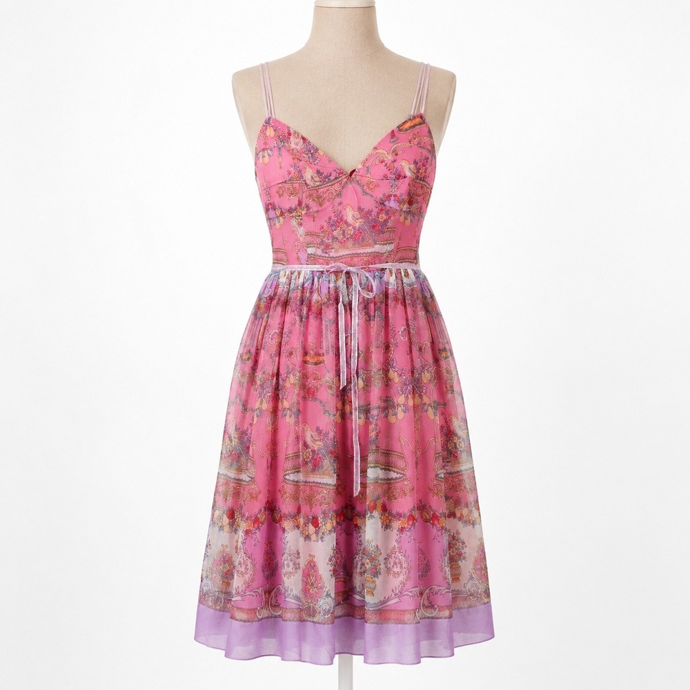 Vintage Y2K I.C.E 100% Silk Floral Bird Babydoll Dress Pink Fairy Ethereal Hoco